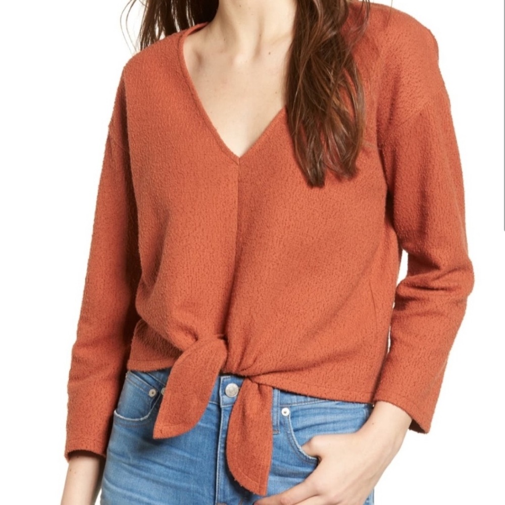 Madewell Tie Front Textured Shirt, Coral, size small